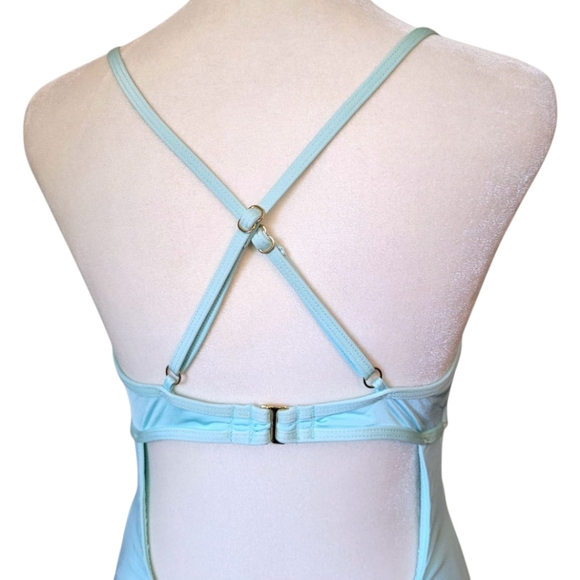 NWOT Bcbgmaxazria Plunging V-Neckline Shirr One Piece Swimsuit Aqua Blue Size 8 - Picture 6 of 17